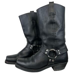 Frye Harness Black Leather Moto Mid-Calf Block Heel Square Toe Boots (Sz 10)